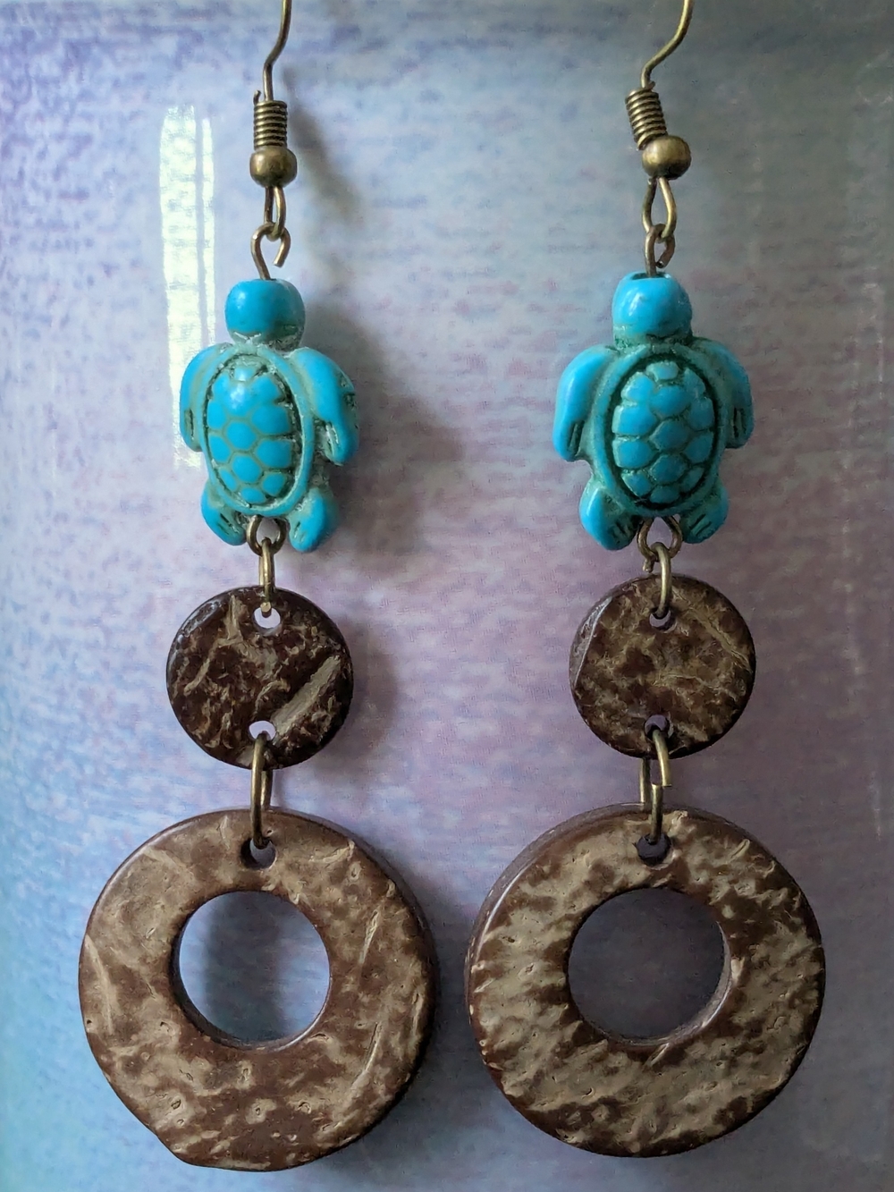 Turquoise Turtle And Brown Coconut Drop Earrings - Women Jewelry